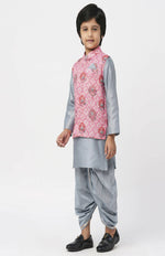 Thumbnail for Lil Drama Raangoli Boys Grey Kurta With Dhotiand Jacket Set - Distacart