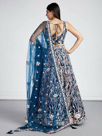 Thumbnail for House of Panchhi Navy Blue Net Sequins And Thread Embroidery Lehenga Choli & Dupatta - Distacart