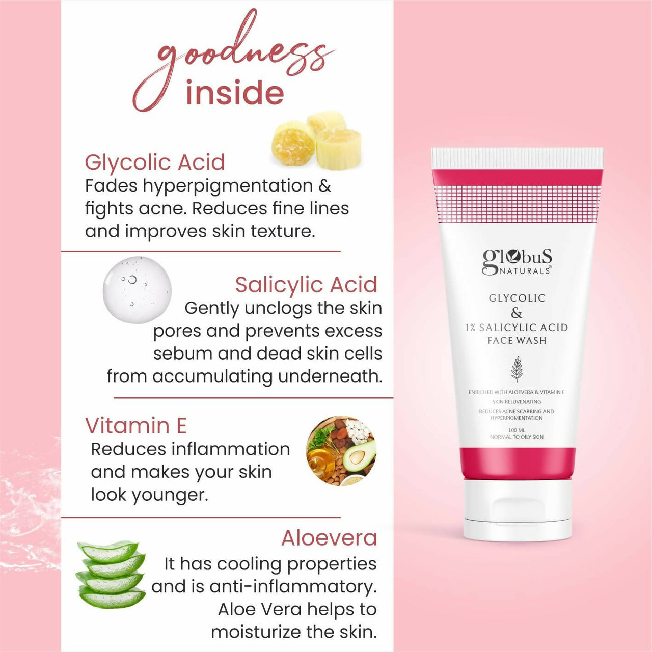 Globus Naturals Pimple Clear Glycolic & Salicylic Acid Face Wash - Distacart
