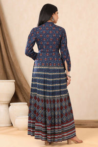 Thumbnail for Juniper Womens Indigo Rayon Multicolor Printed Maxi Dress With Yoke Mirror Embroidery - Distacart