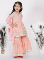 Thumbnail for Little Bansi Cotton Gotta Patti Kurta frock with Sharara & Dupatta - Peach - Distacart