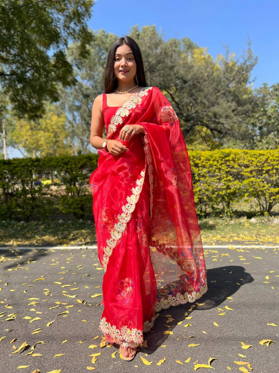 Vamsee Red Organza Saree - Distacart