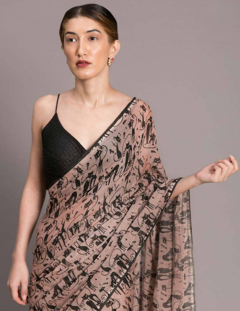 Suta Beige Black Pure Mul Cotton Printed Saree - Distacart