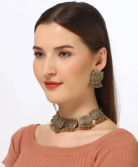 Thumbnail for Oxidised Lotus Design Golden Color Necklace Choker Set