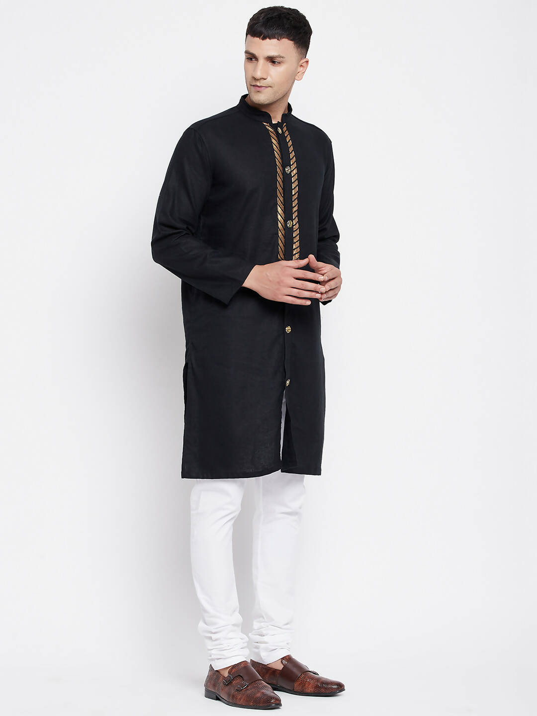 Even Apparels Black Linen Men's Sherwani Kurta With Decorative Placket - Distacart