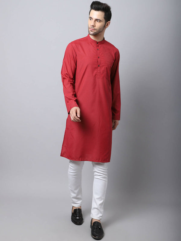 Even Apparels Maroon Cotton Checked Men's Kurta With Band Collar - Distacart