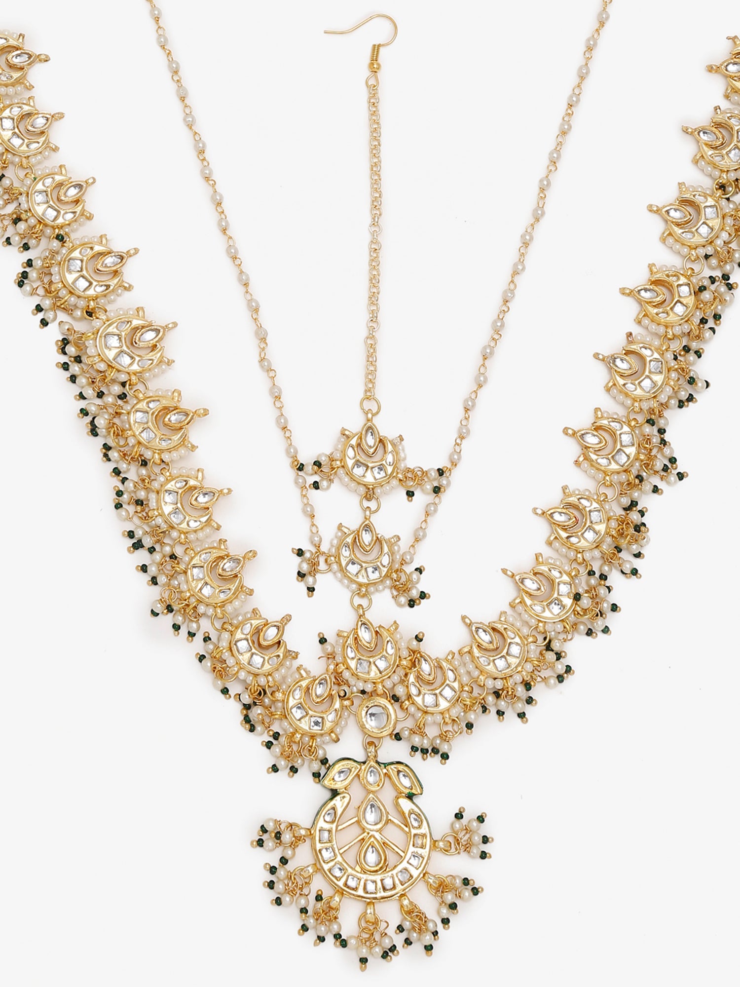 Gold-Plated White Kundan-Studded Beaded Maharani Matha Patti - Ruby Raang - Distacart