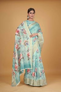 Thumbnail for Blue Cotton Silk Digital Printed Saree With Unstitched Blouse Piece - Alisha - Distacart