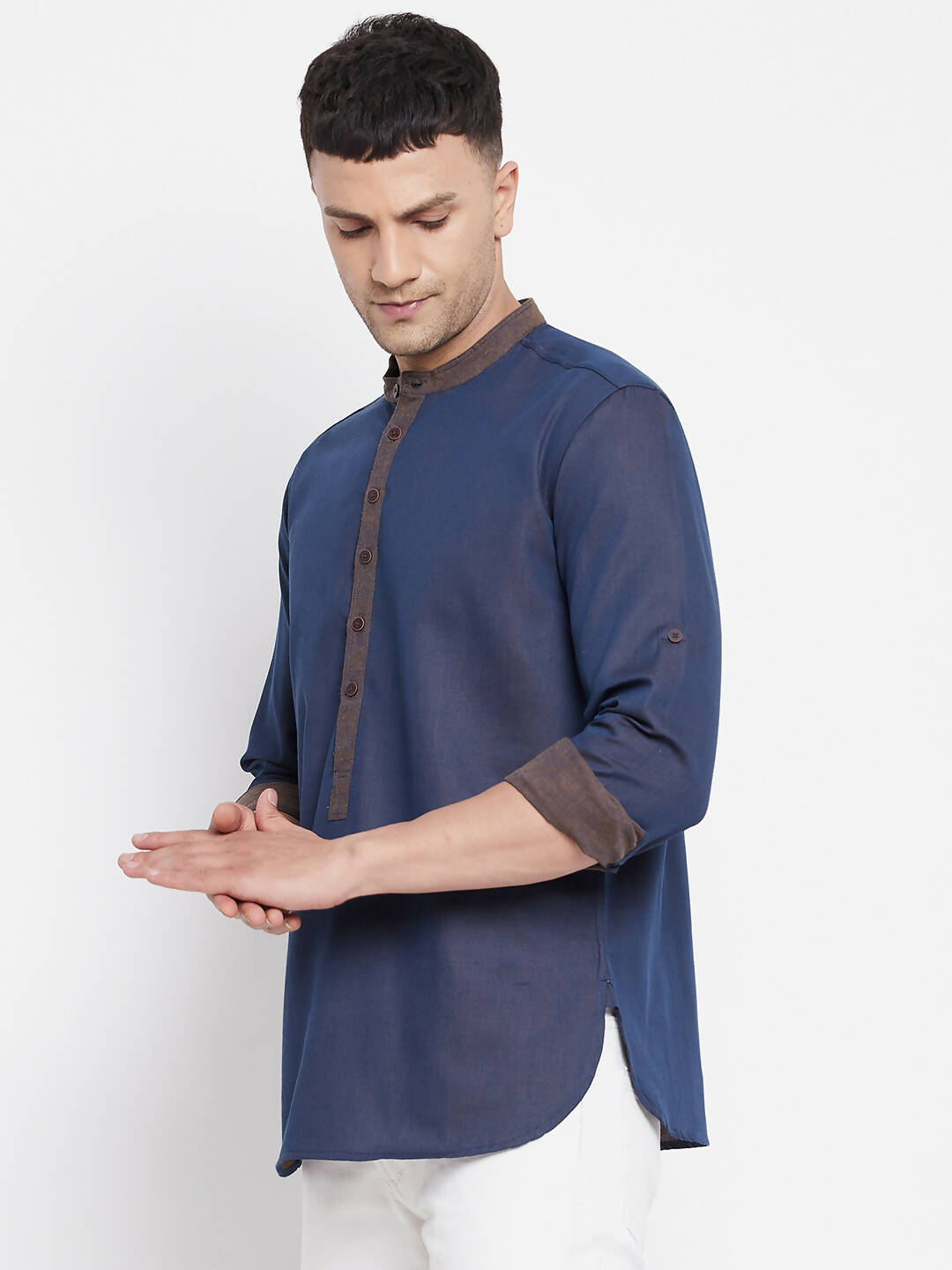 Even Apparels Pure Cotton Blue Men's Kurta With Band Collar - Distacart
