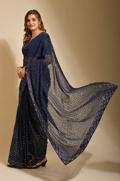 Malishka Women's Navy Blue Georgette Sequence Embroidery Bollywood Saree With Blouse Piece - Distacart