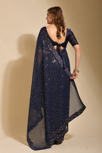 Thumbnail for Malishka Women's Navy Blue Georgette Sequence Embroidery Bollywood Saree With Blouse Piece - Distacart