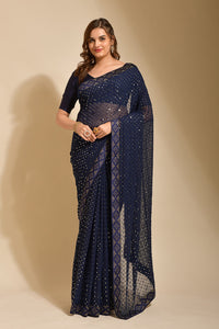 Thumbnail for Malishka Women's Navy Blue Georgette Sequence Embroidery Bollywood Saree With Blouse Piece - Distacart