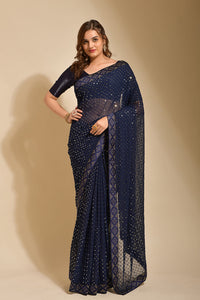 Thumbnail for Malishka Women's Navy Blue Georgette Sequence Embroidery Bollywood Saree With Blouse Piece - Distacart