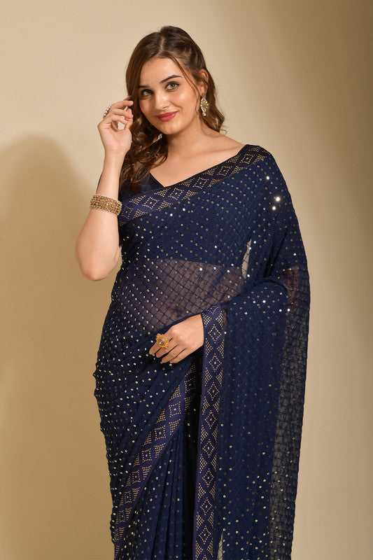Malishka Women's Navy Blue Georgette Sequence Embroidery Bollywood Saree With Blouse Piece - Distacart