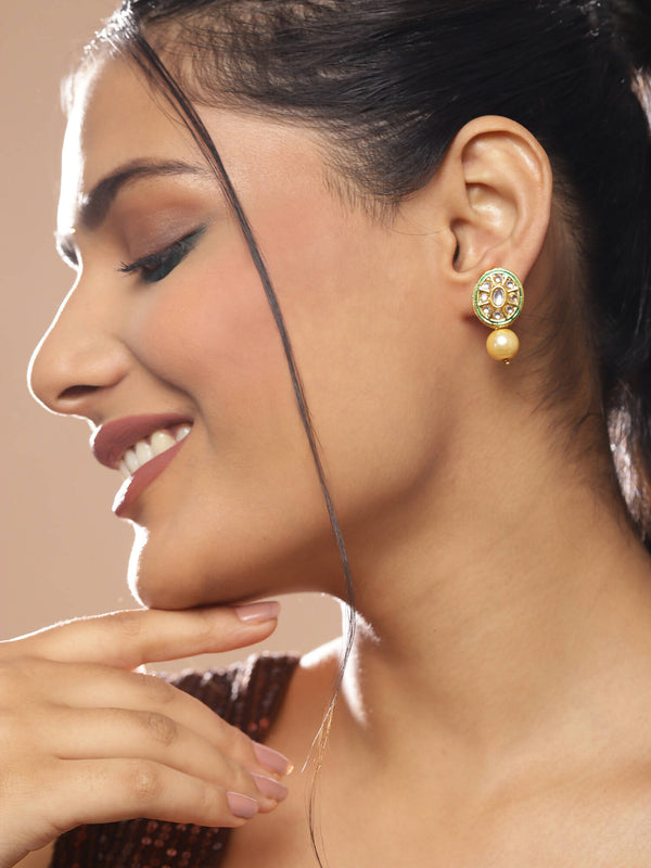 Gold-Toned White Kundan Oval-Shape Gold-Plated Studs Earrings - Ruby Raang - Distacart