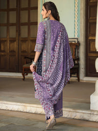 Thumbnail for Juniper Women's Lavender Cambric Geometric Printed Mix And Match Kurta Palazzo And Dupatta Set - Distacart