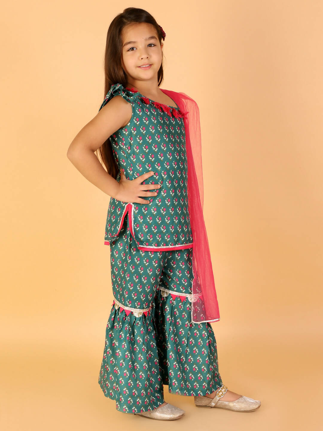 Lil Drama Girls Kurta With Sharara With Dupatta Set - Green - Distacart