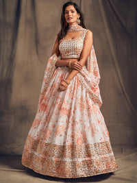 Thumbnail for Myra White Organza Silk Embroidered Lehenga - Distacart