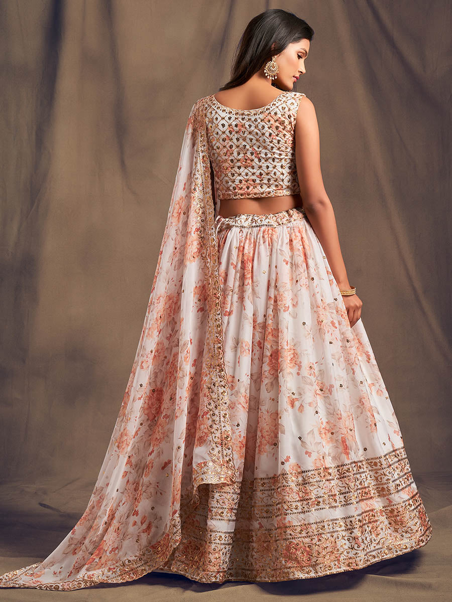 Myra White Organza Silk Embroidered Lehenga - Distacart