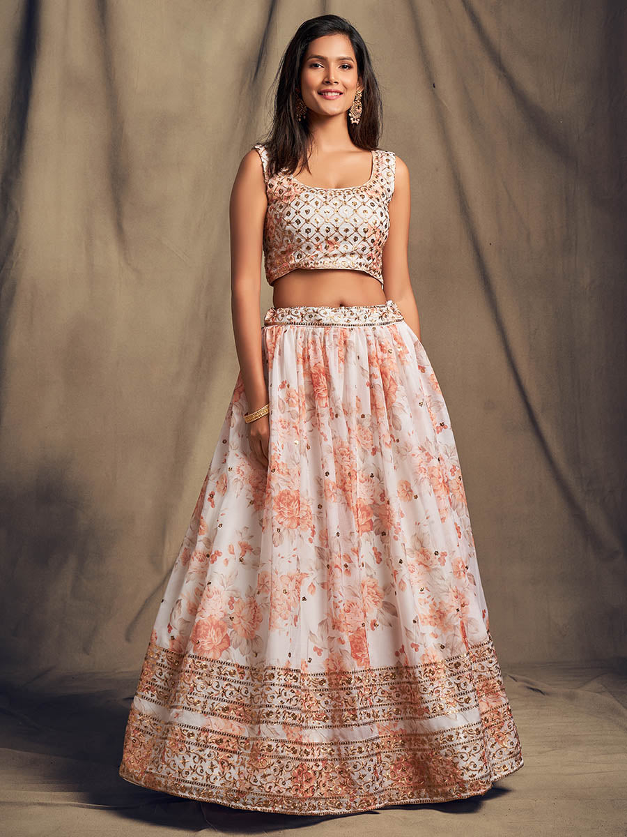 Myra White Organza Silk Embroidered Lehenga - Distacart