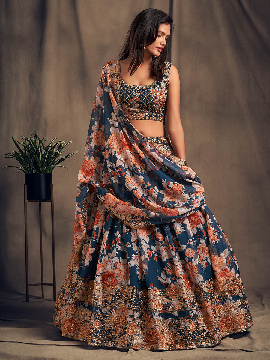 Myra Dove Blue Organza Silk Embroidered Lehenga - Distacart