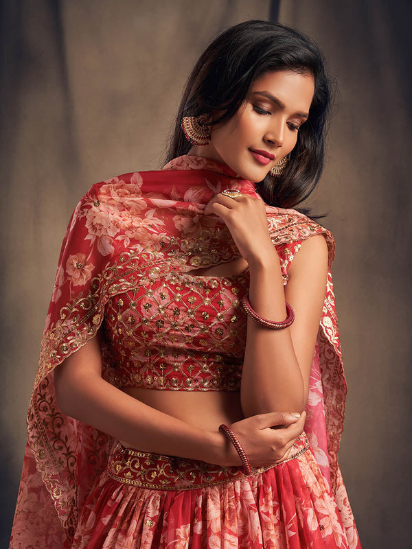 Myra Red Organza Silk Embroidered Lehenga - Distacart