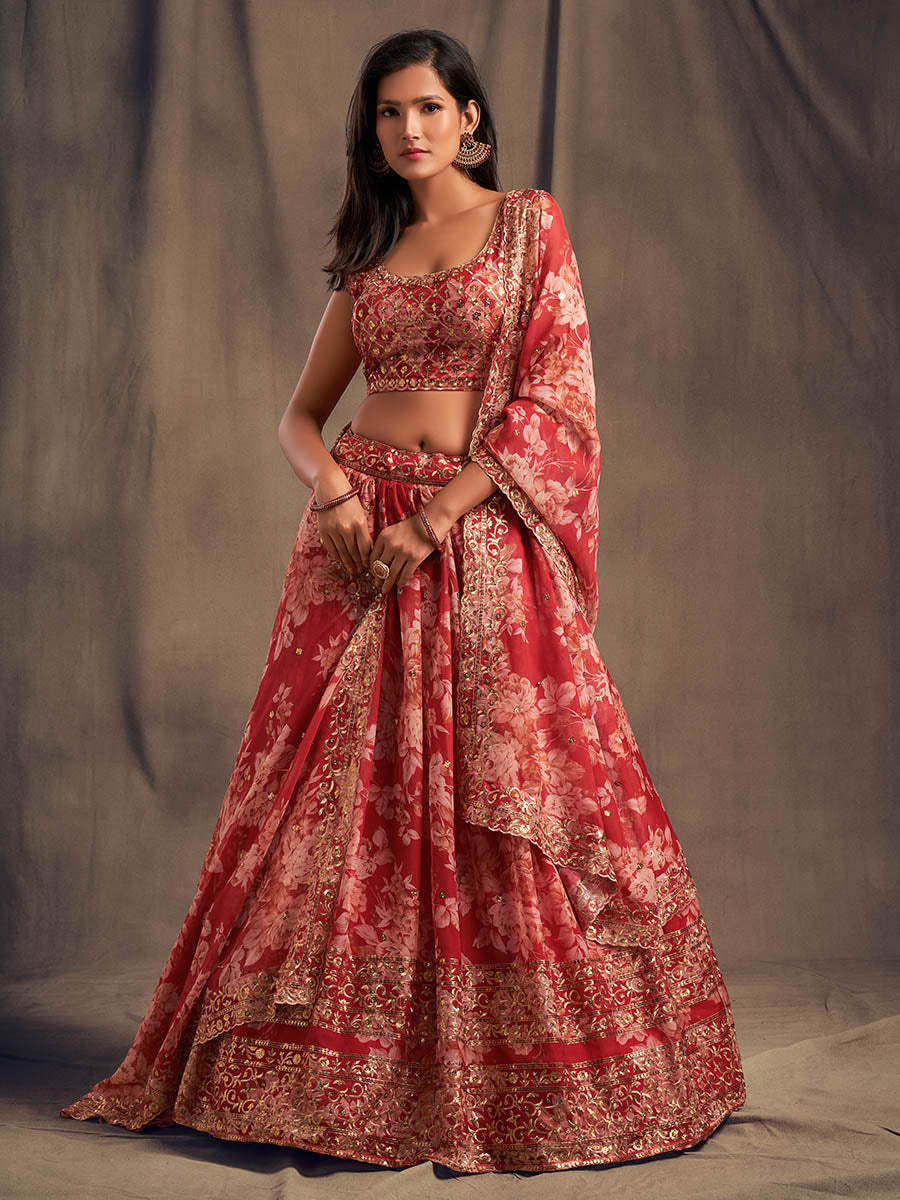 Myra Red Organza Silk Embroidered Lehenga - Distacart