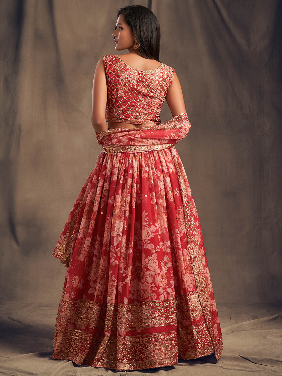 Myra Red Organza Silk Embroidered Lehenga - Distacart