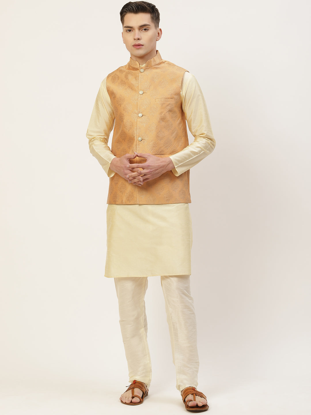 Jompers Men's Peach Printed Nehru Jacket