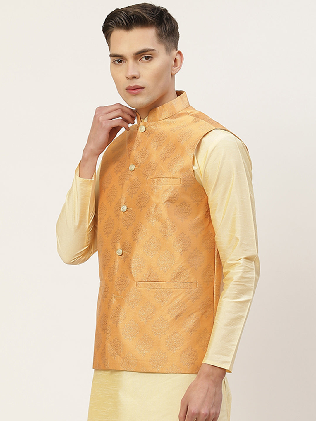 Jompers Men's Peach Printed Nehru Jacket