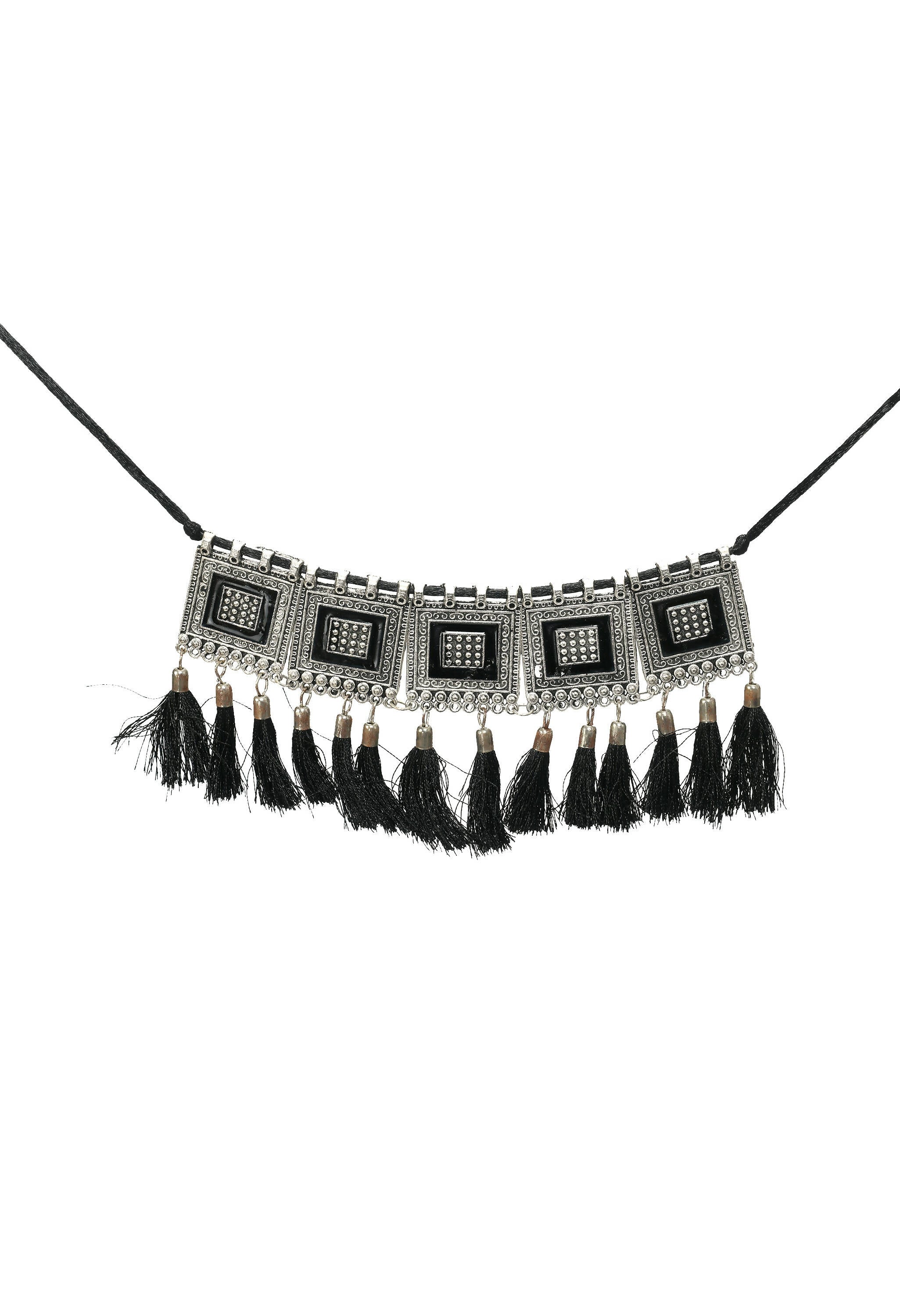 Mominos Fashion Johar Kamal Oxidised Silver-Plated Brass Finish Tassel Work Handicraft Choker For Women (Black) - Distacart