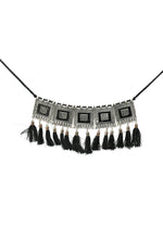 Thumbnail for Mominos Fashion Johar Kamal Oxidised Silver-Plated Brass Finish Tassel Work Handicraft Choker For Women (Black) - Distacart