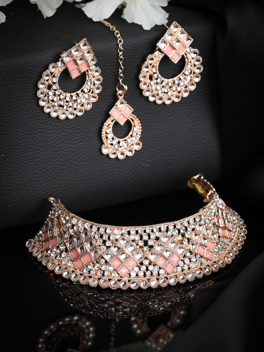 Priyaasi Women Pink Kundan Stones Rose Gold Plated Choker Set with MaangTikka - Distacart