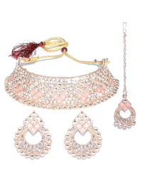 Thumbnail for Priyaasi Women Pink Kundan Stones Rose Gold Plated Choker Set with MaangTikka - Distacart