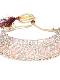 Thumbnail for Priyaasi Women Pink Kundan Stones Rose Gold Plated Choker Set with MaangTikka - Distacart