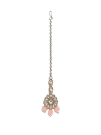 Thumbnail for Priyaasi Women Pink Kundan Stones Rose Gold Plated Choker Set with MaangTikka - Distacart