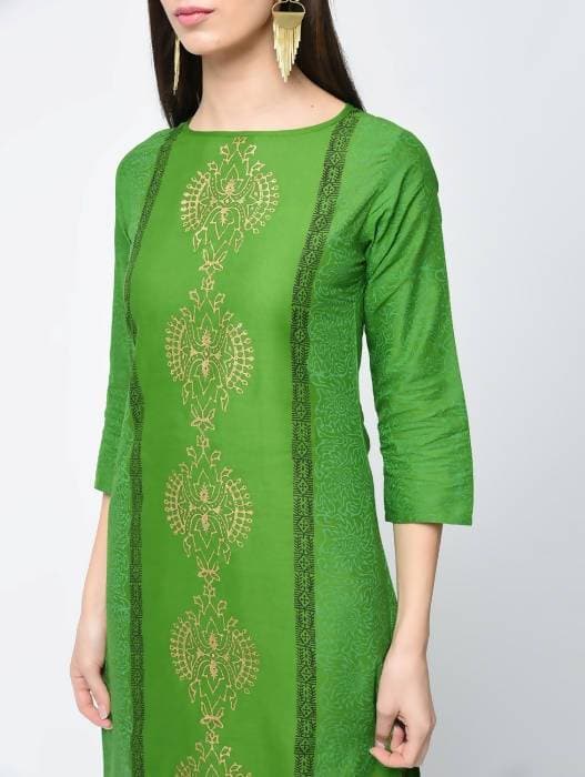 Aniyah Cotton Block Printed Green Color Straight Kurta (AN-129K)