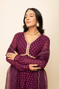 Thumbnail for FIORRA Women's Wine Georgette Anarkali Kurta With Dupatta - Distacart