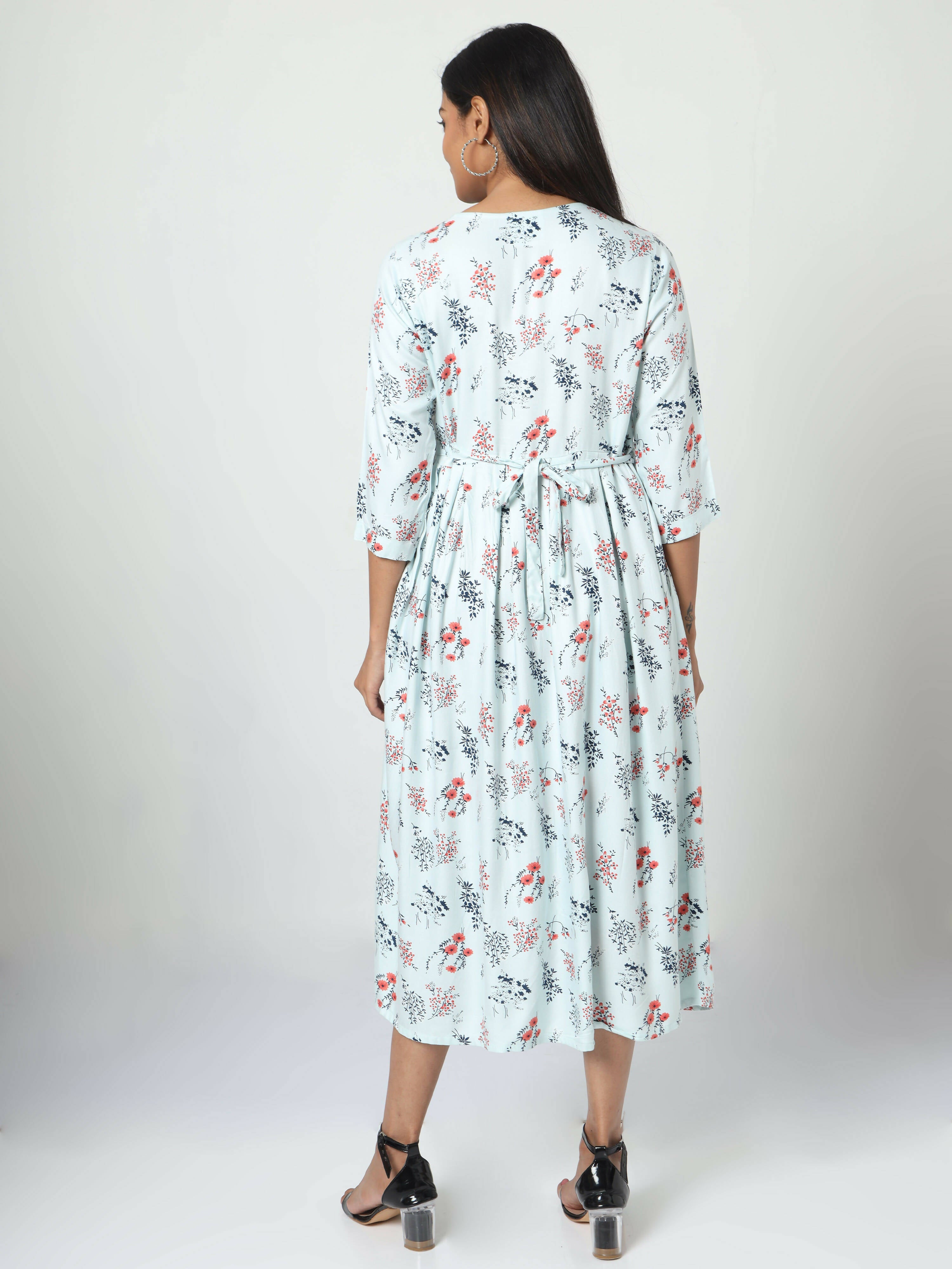 Manet Three Fourth Maternity Dress Floral Print With Concealed Zipper Nursing Access - Pista Green - Distacart