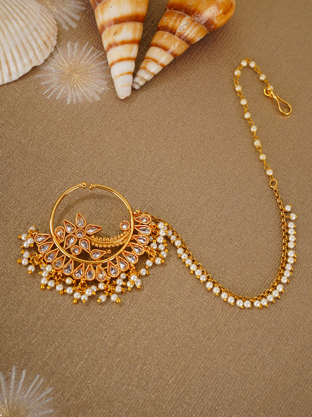 Priyaasi Designer Gold Plated NoseRing/Nath With Pearl Chain For Women And Girls - Distacart