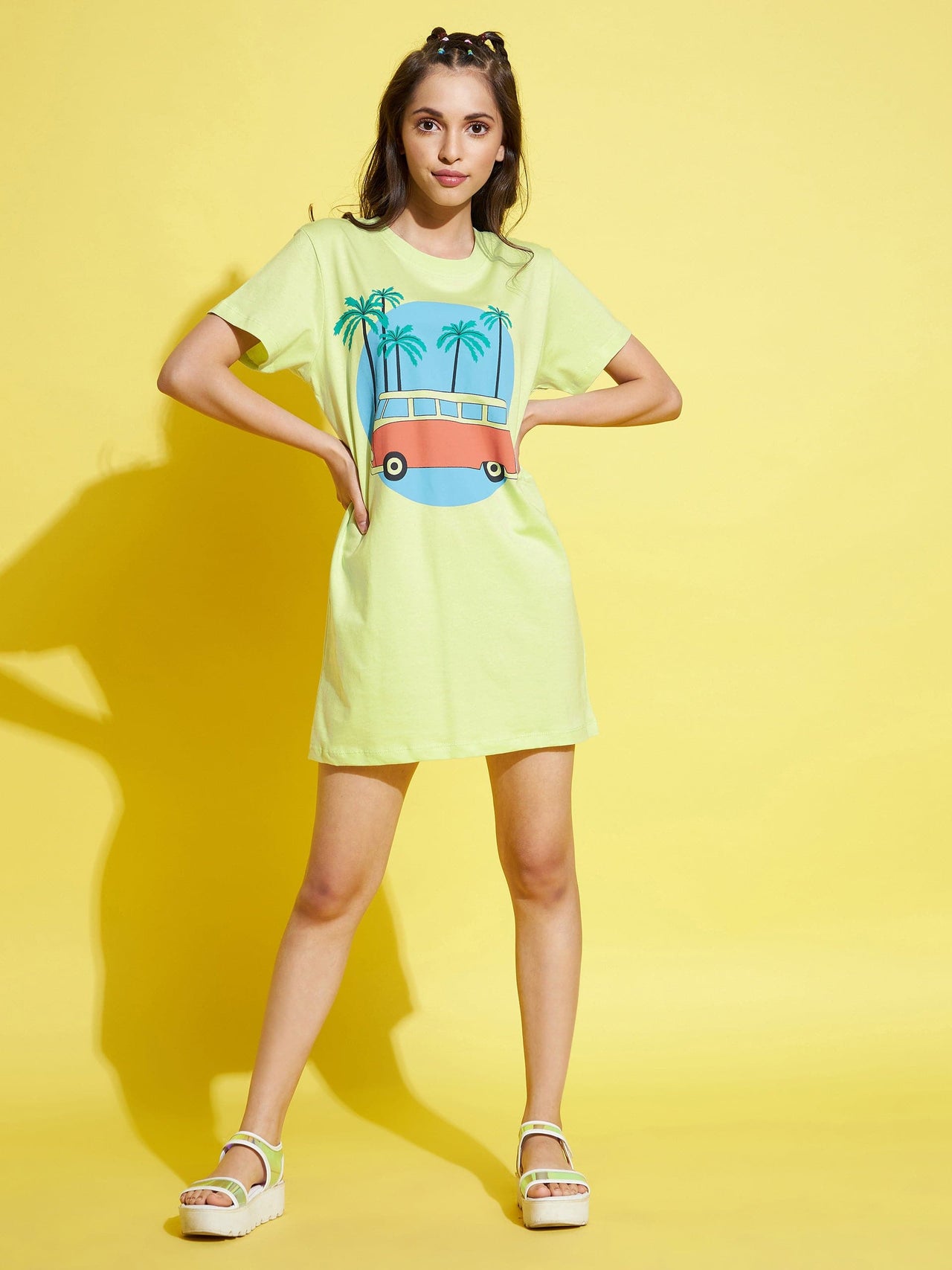 Lyush Green Bus Print T-Shirt Dress For Girls - Distacart
