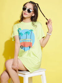 Thumbnail for Lyush Green Bus Print T-Shirt Dress For Girls - Distacart