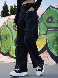 Thumbnail for Lyush Girls Black Acid Wash Raw Hem Straight Jeans - Distacart