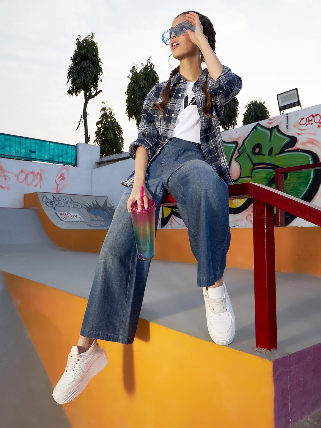 Lyush Girls Blue Acid Wash Tencel Patch Pocket Straight Pants - Distacart
