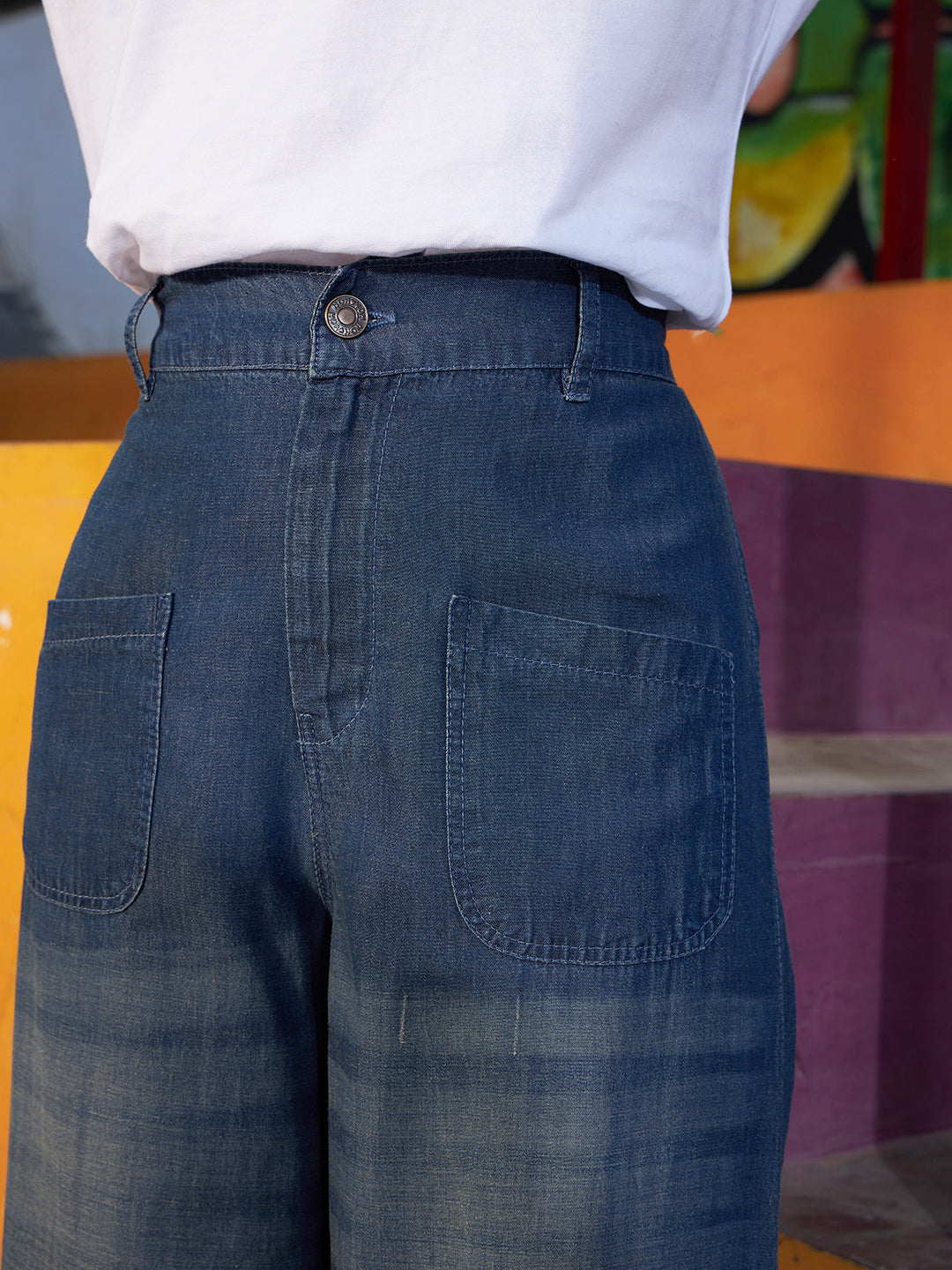 Lyush Girls Blue Acid Wash Tencel Patch Pocket Straight Pants - Distacart