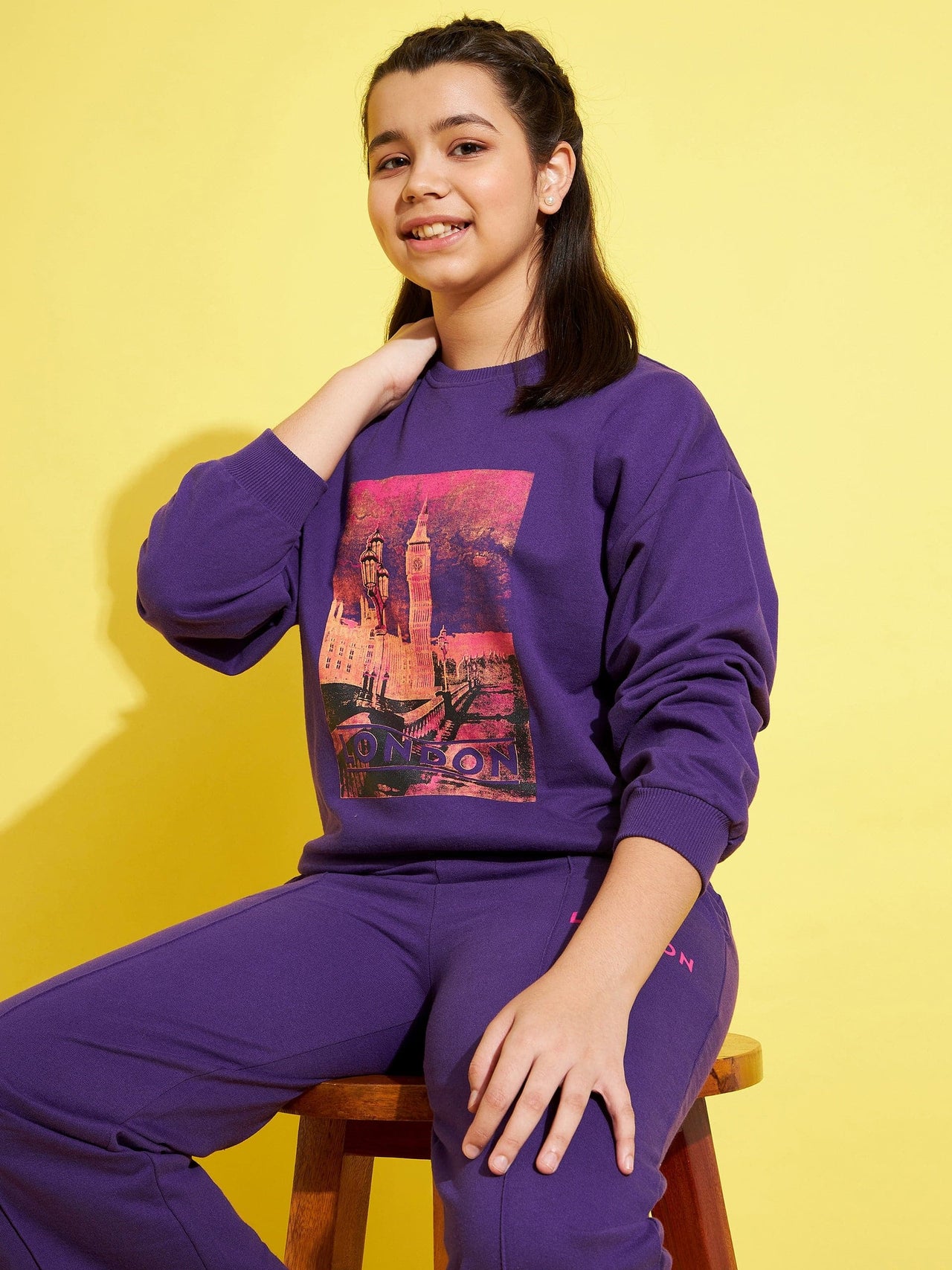 Lyush Purple Terry LONDON Drop Shoulder Sweatshirt For Girls - Distacart