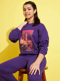 Thumbnail for Lyush Purple Terry LONDON Drop Shoulder Sweatshirt For Girls - Distacart