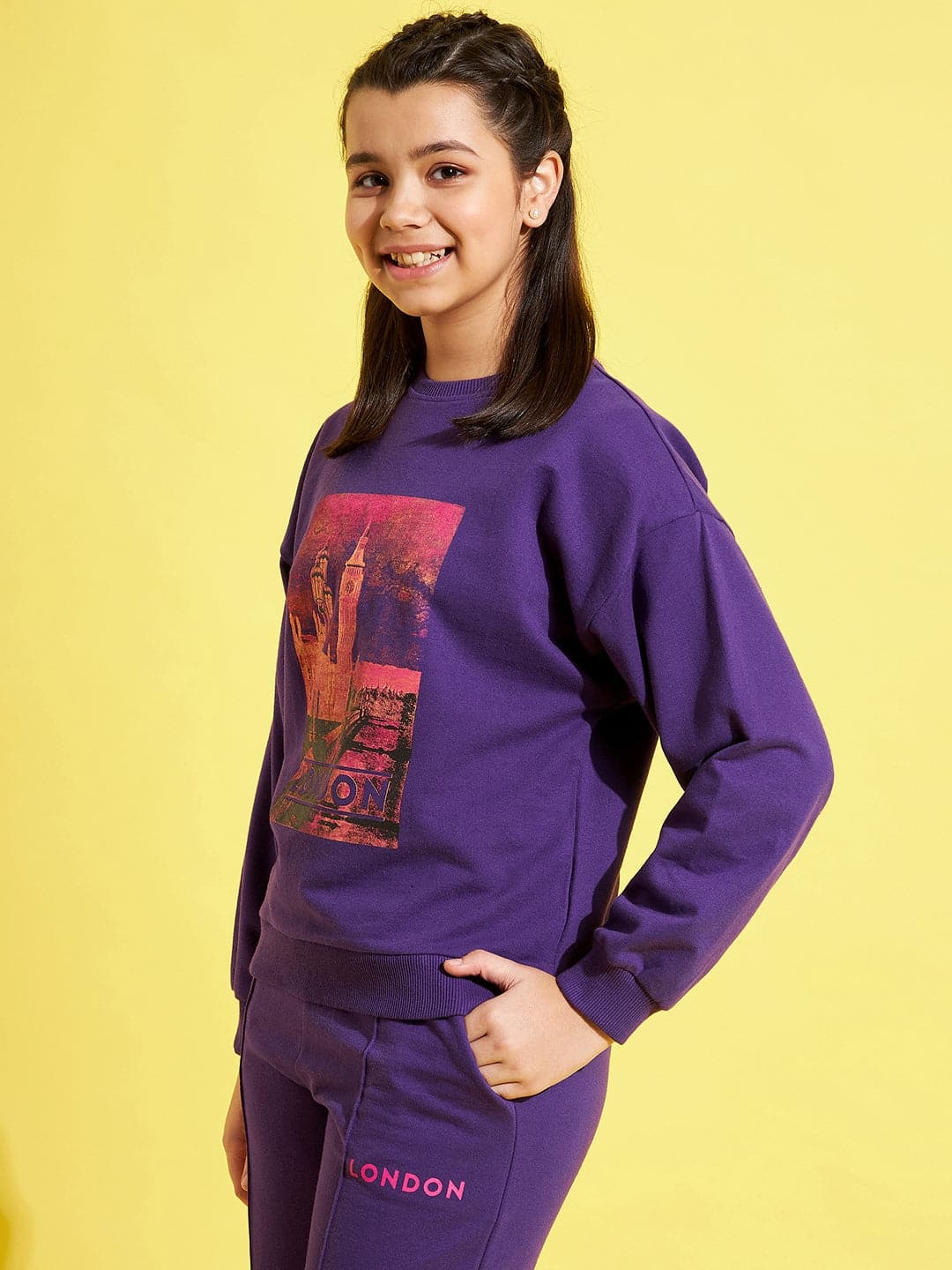 Lyush Purple Terry LONDON Drop Shoulder Sweatshirt For Girls - Distacart