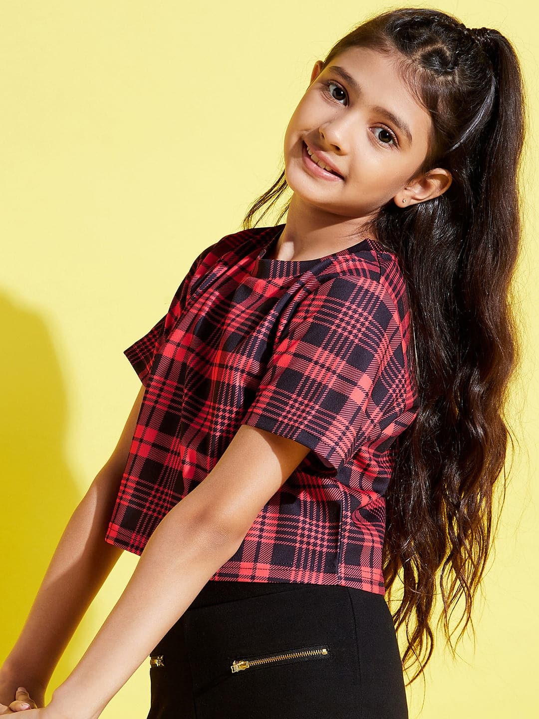 Lyush Red & Black Check Print Crop Top For Girls - Distacart