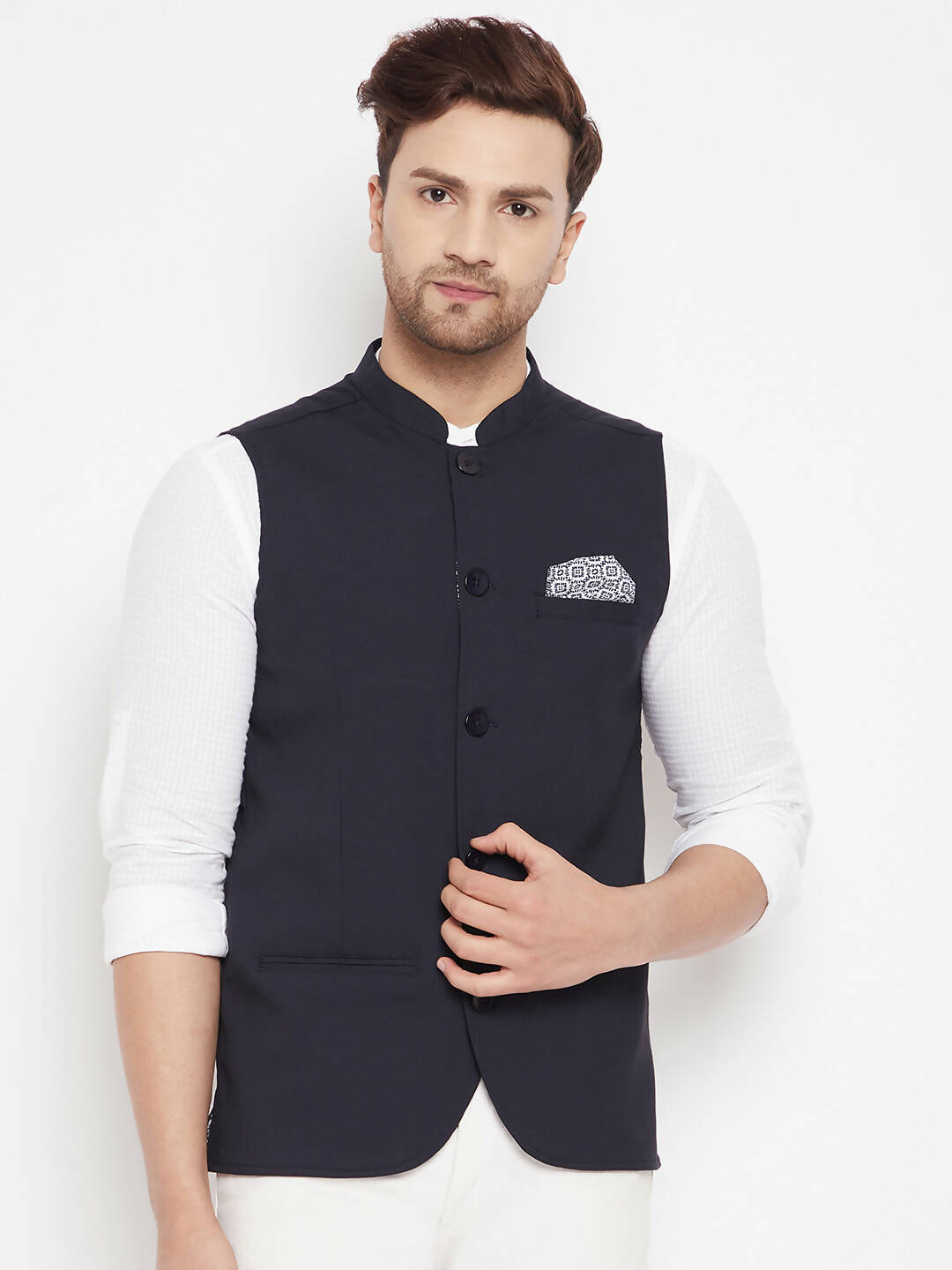 Even Apparels Navy Merino Men's Nehru Jacket-Contrast Lining-Inbuilt Pocket Square - Distacart